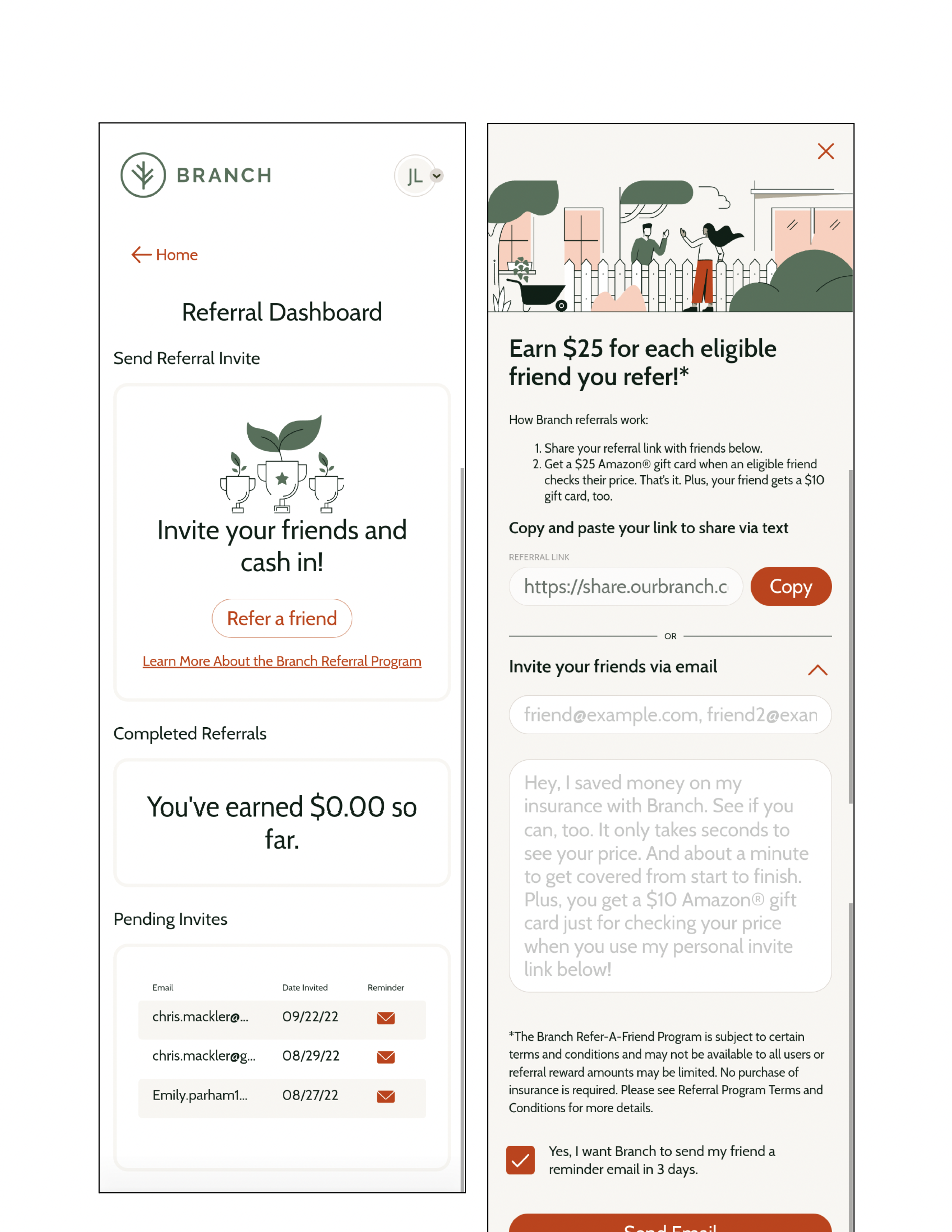 Branch Insurance referral dashboard product UI