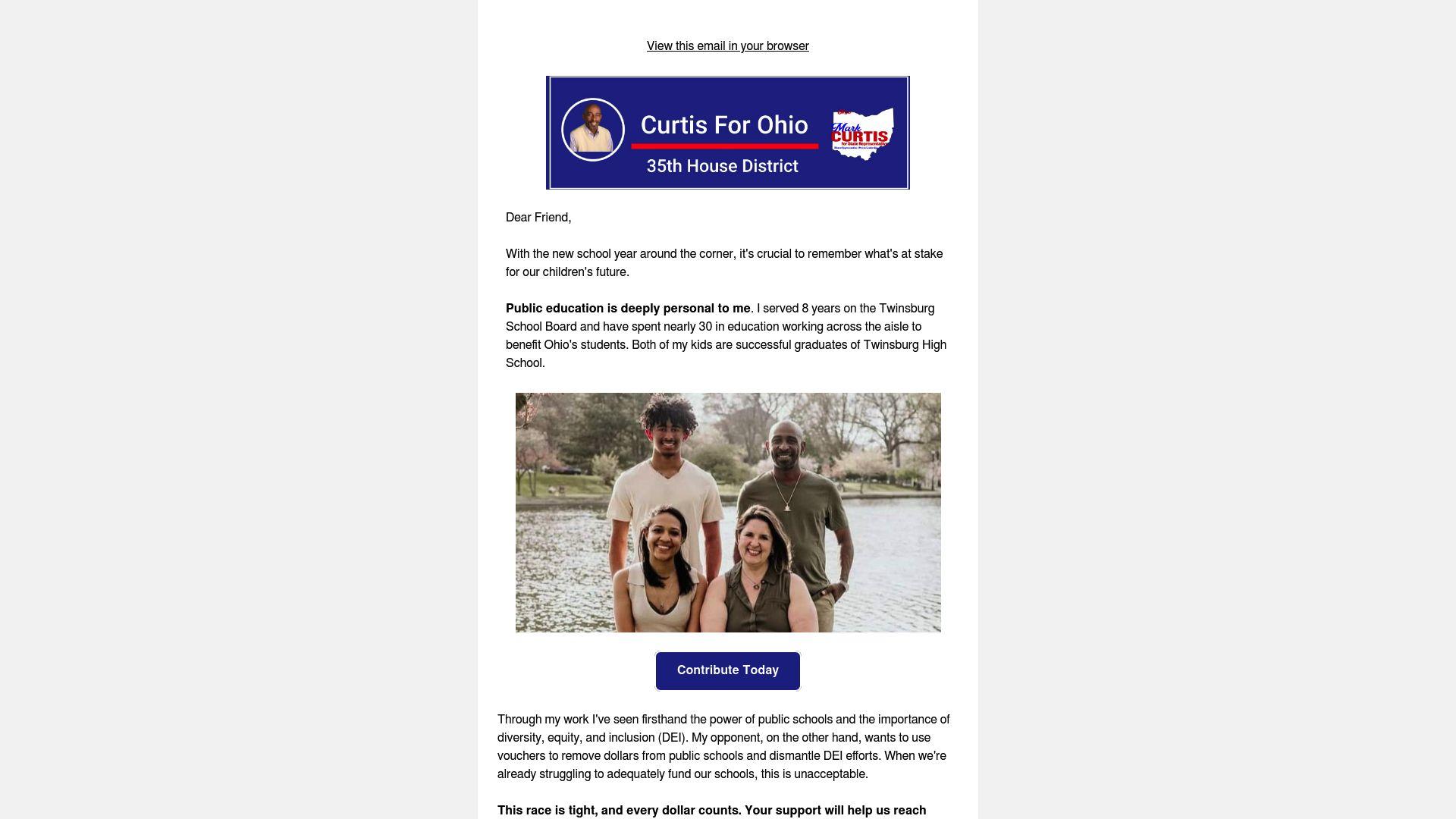 Curtis for Ohio public education issue email