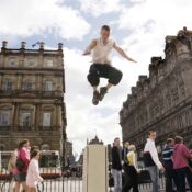 Parkour, also known as Urban Freeflow, is a physical art form which utilizes the urban environment to gracefully jump, climb, or leap around obstacles and buildings. Ever since he saw an instructional Parkour video three years ago, Stuart "Speedy" Andrews, a resident of Edinburgh, Scotland, has been practicing the urban art form.