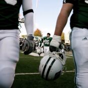 The Ohio University Bobcats walk off of the field in celebration at their homecoming football game played at Peden Stadium in Athens, Ohio, on Oct. 22, 2005. The Bobcats won over the Ball State Cardinals, 38 - 21.